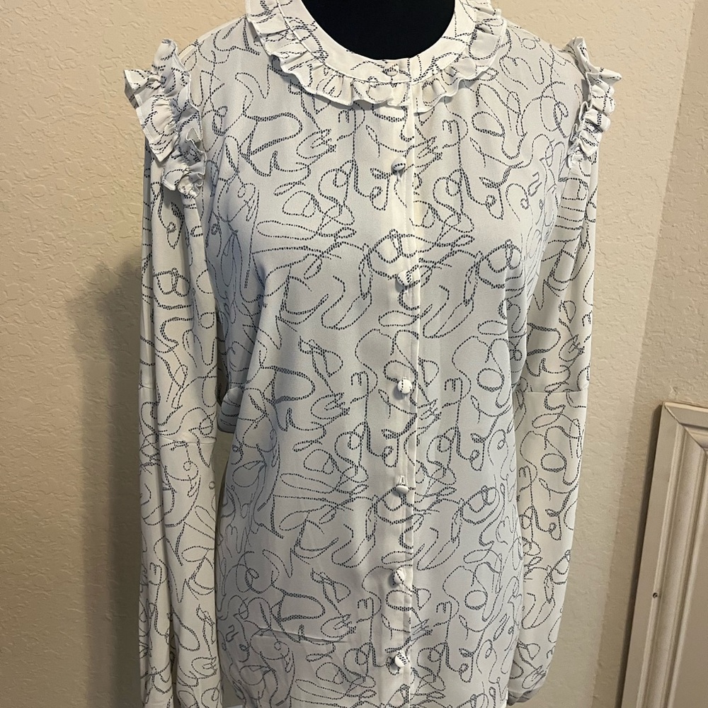 Elegant White and Blue Patterned Women's Top